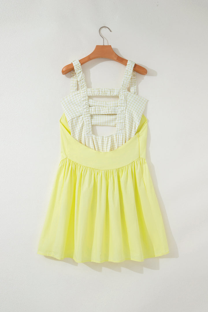 Cute Yellow Cream Faux Two Piece Gingham Contrast Loose Mini Dress