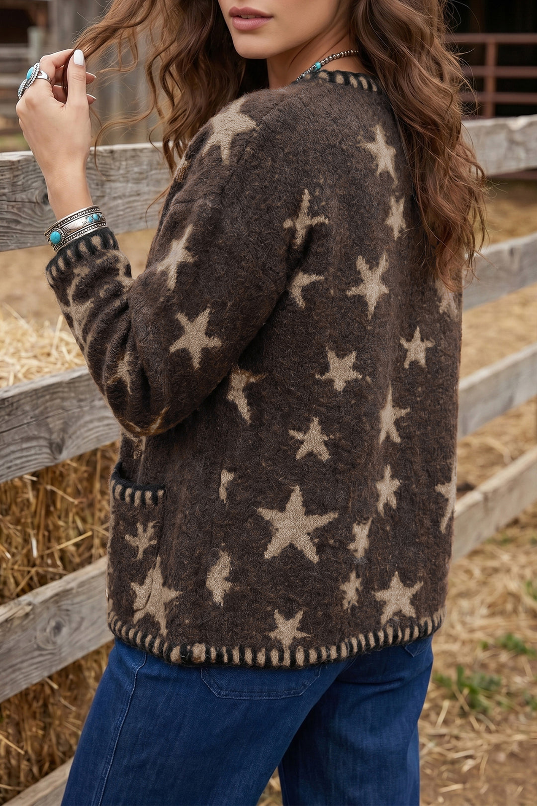 Brown Stars Pattern Colorblock Long Sleeve Shift Wool Cardigan