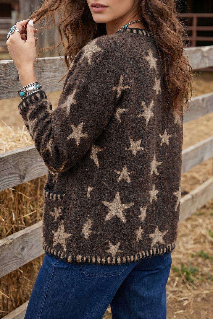 Brown Stars Pattern Colorblock Long Sleeve Shift Wool Cardigan