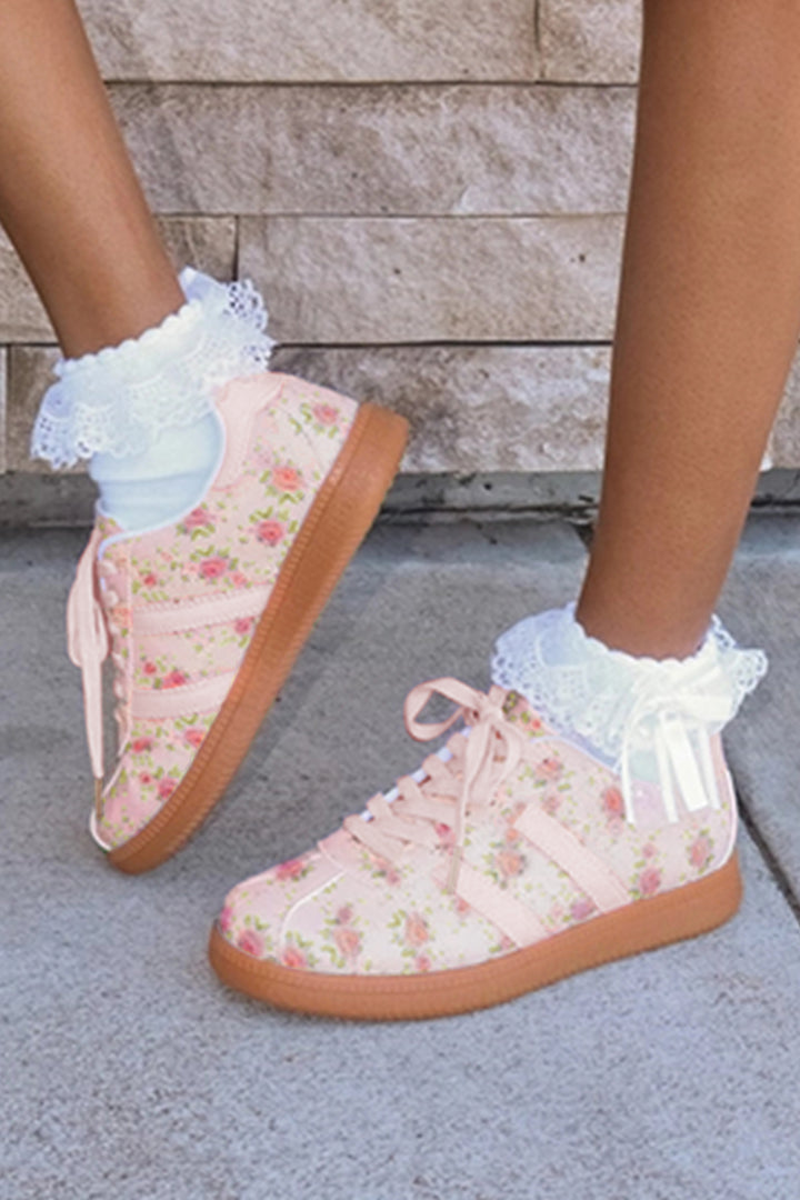 Floral Print Lace-up PU Leather Flat Shoes