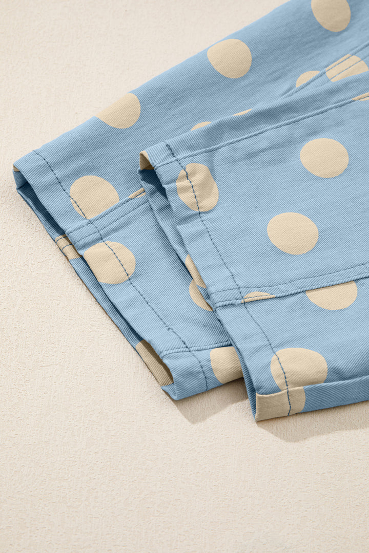 Sky Blue Polka Dot Print Bow Detail Pocketed Barrel Jeans