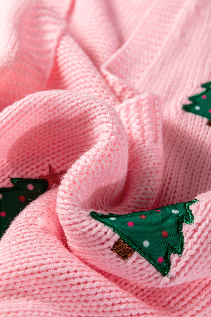 Light Pink Christmas Tree Print Open Front Drop Shoulder Midi Cardigan