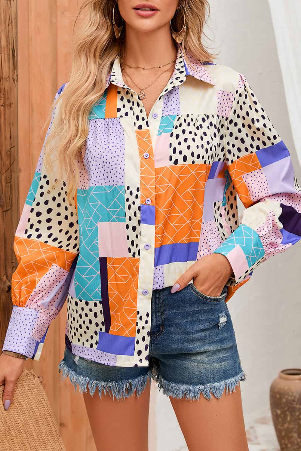 Multicolor Mixed Print Button Front Cuffed Sleeve Shirt