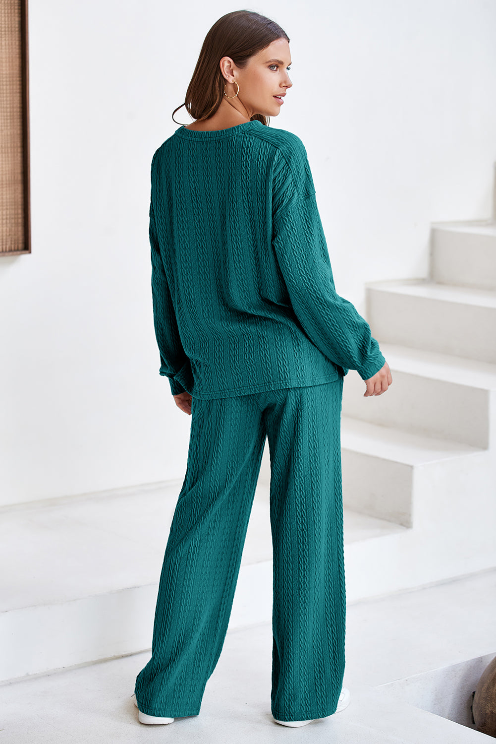 Sea Green Textured Round Neck Sweatshirt &amp; Loose Drawstring High Waist Pant Set