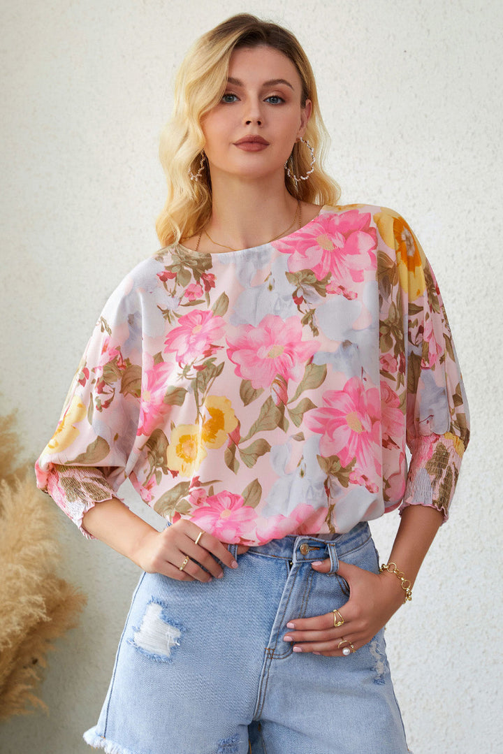 Pink Shirred Cuff 3/4 Sleeve Loose Fit Floral Blouse