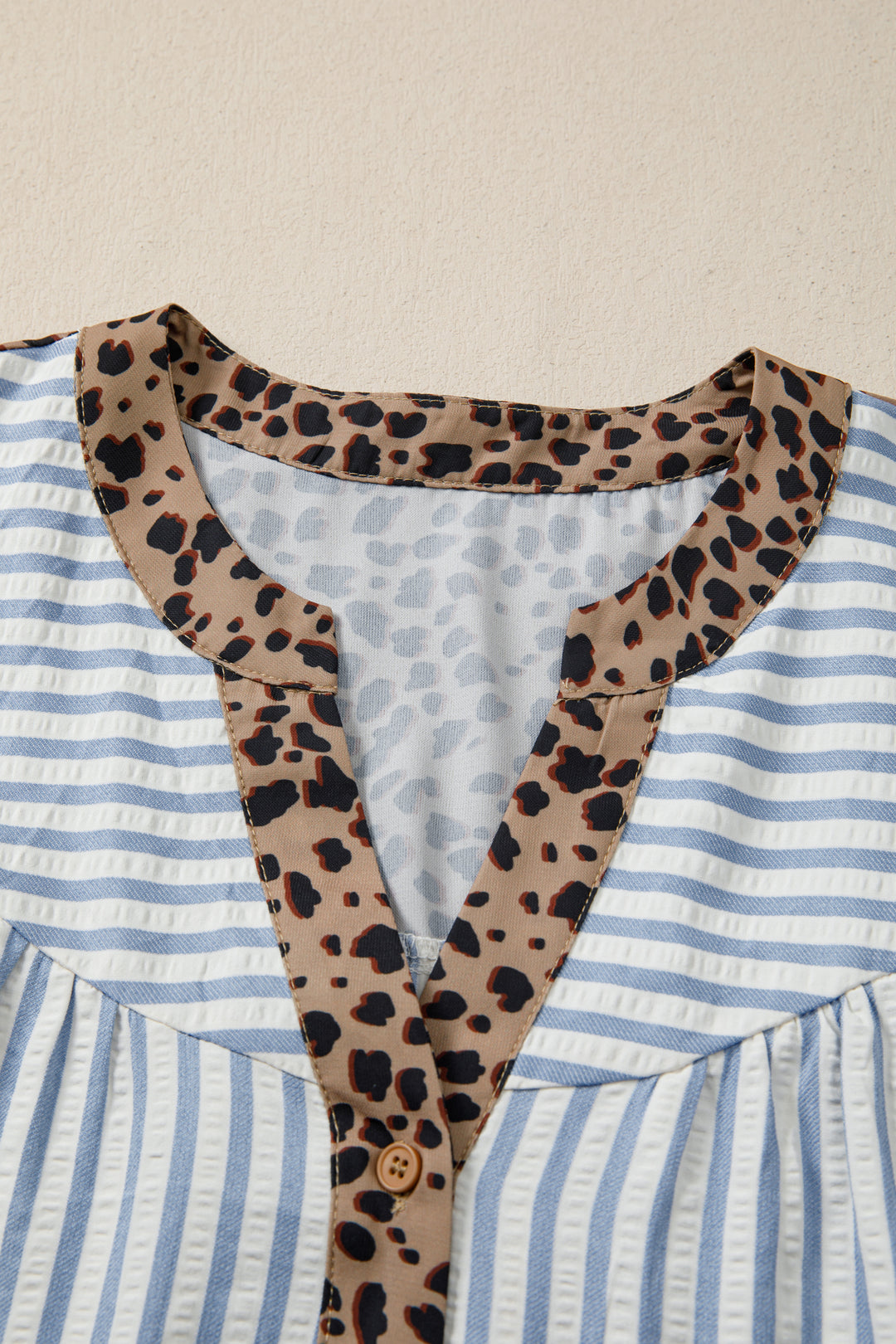 Leopard Trim V Neck Button Down Half Sleeve Shirt