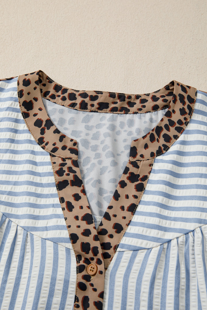 Leopard Trim V Neck Button Down Half Sleeve Shirt