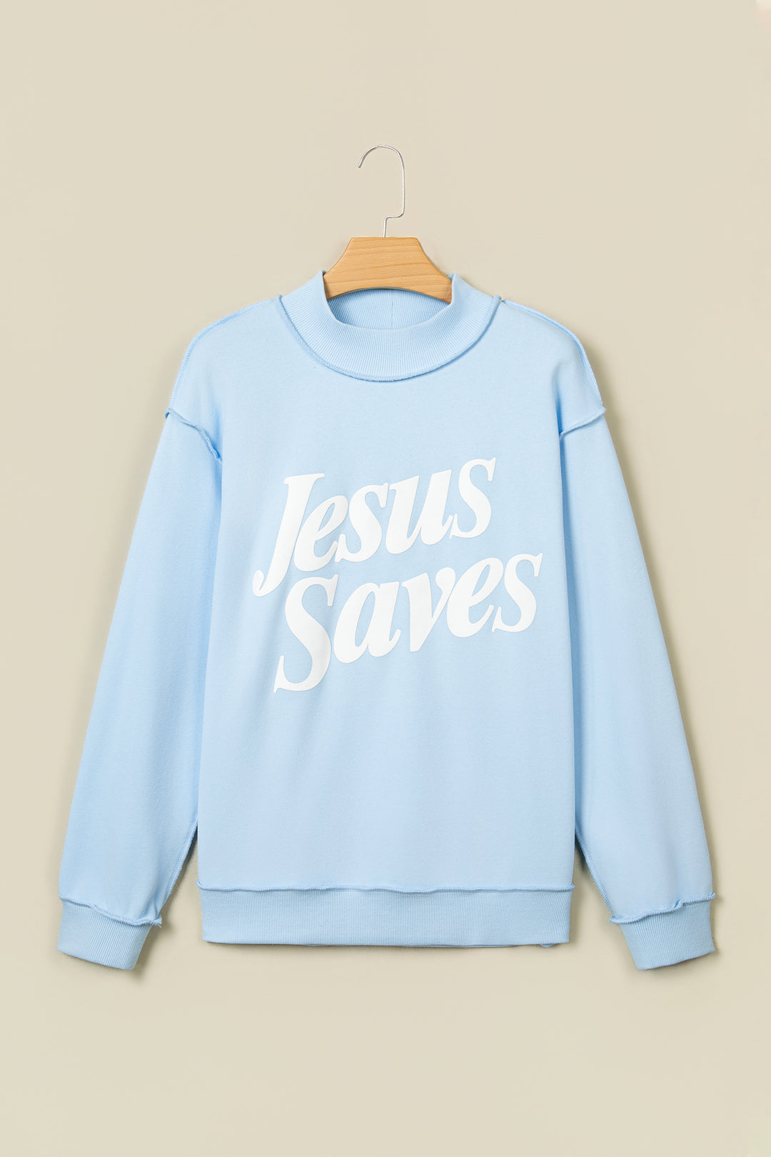 Mist Blue Jesus Saves Slogan Print Stand Neck Baggy Sweatshirt