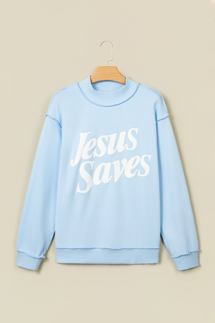 Mist Blue Jesus Saves Slogan Print Stand Neck Baggy Sweatshirt