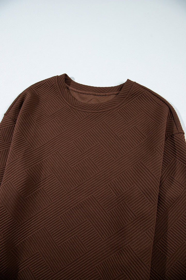 Coffee Solid Color Textured Round Neck Drop Shoulder Pullover Sweatshirt