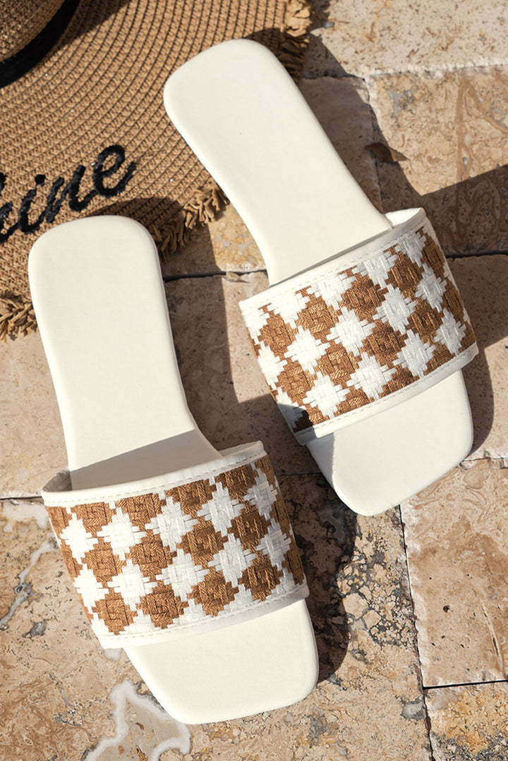 Contrast Woven Plaid Square Toe Flat Slippers