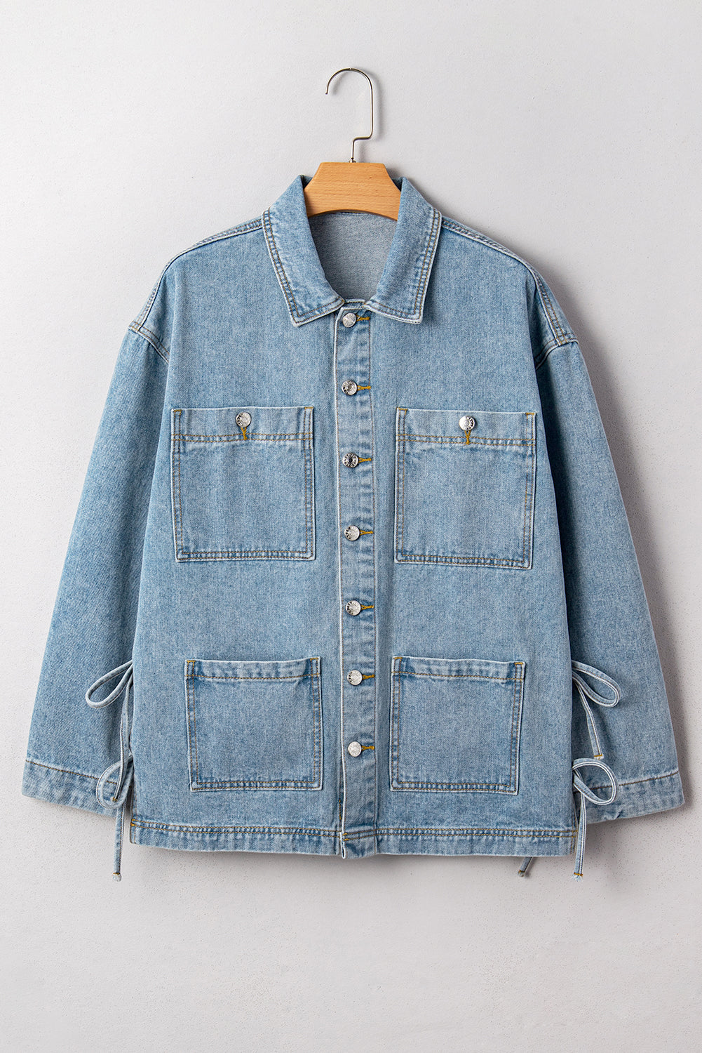 Multi Patched Pockets Side Tie up Boyfriend Style Denim Jacket