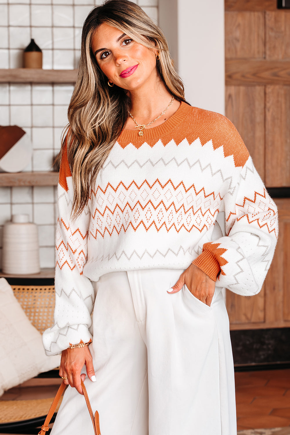 Zigzag Geometric Pattern Knitted Pullover Sweater
