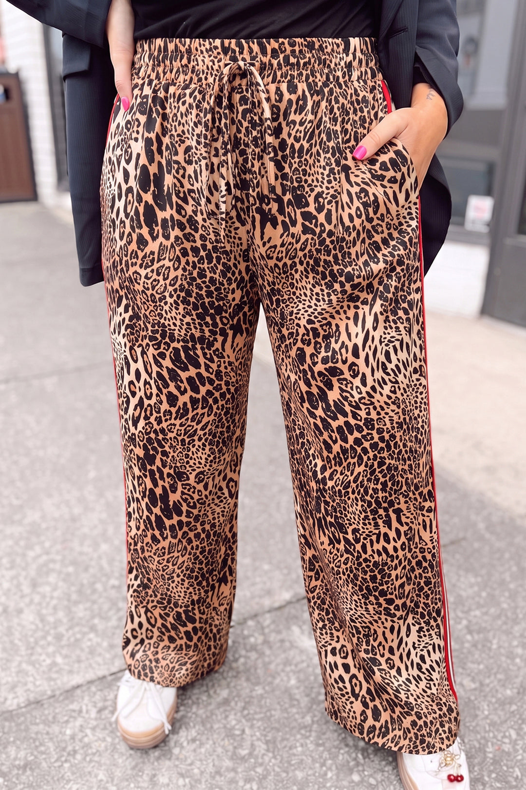Khaki Leopard Print Side Stripes Wide Leg Full Length Plus Size Pants
