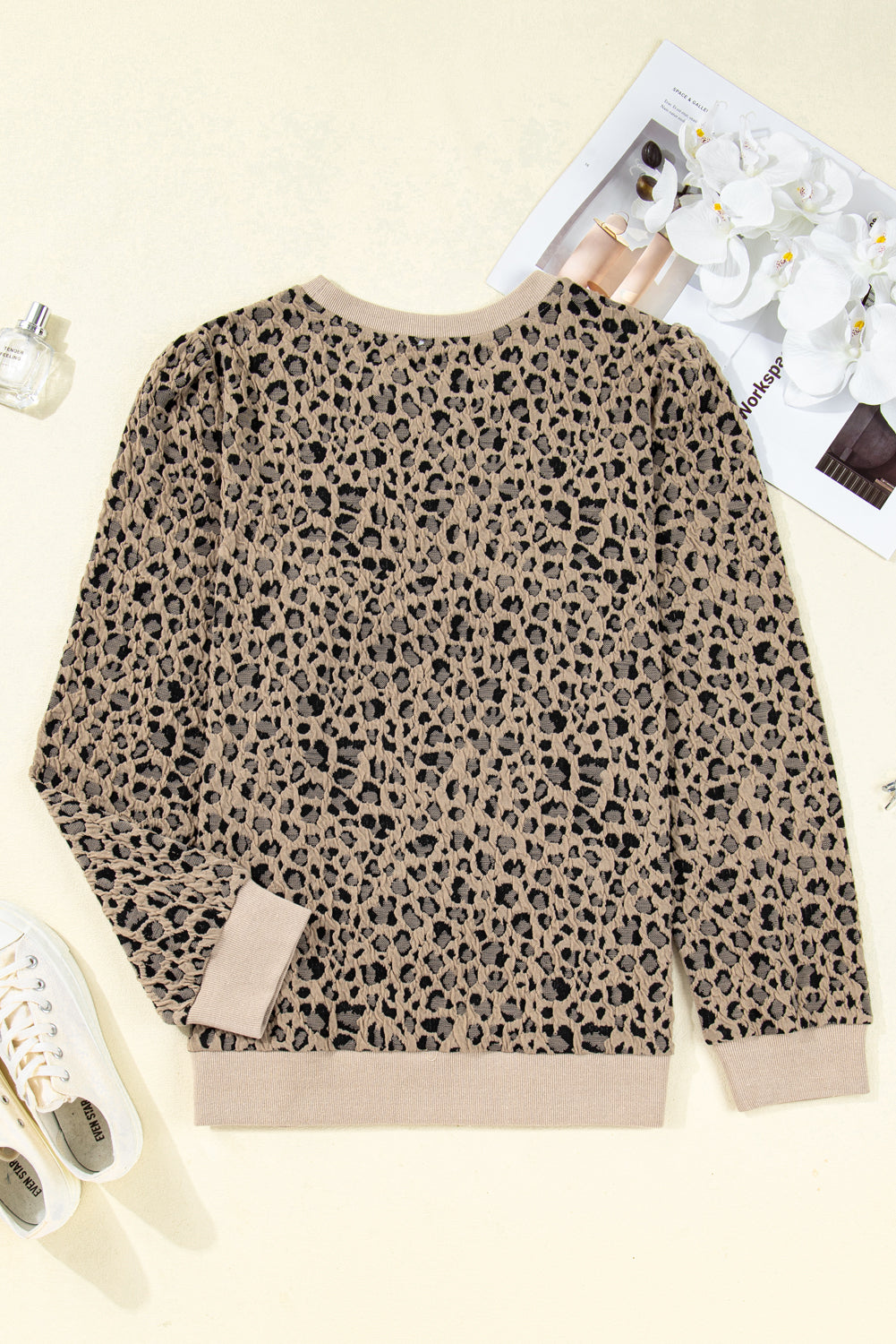 Khaki Leopard Textured Ribbed Trim Plus Size Long Sleeve Top