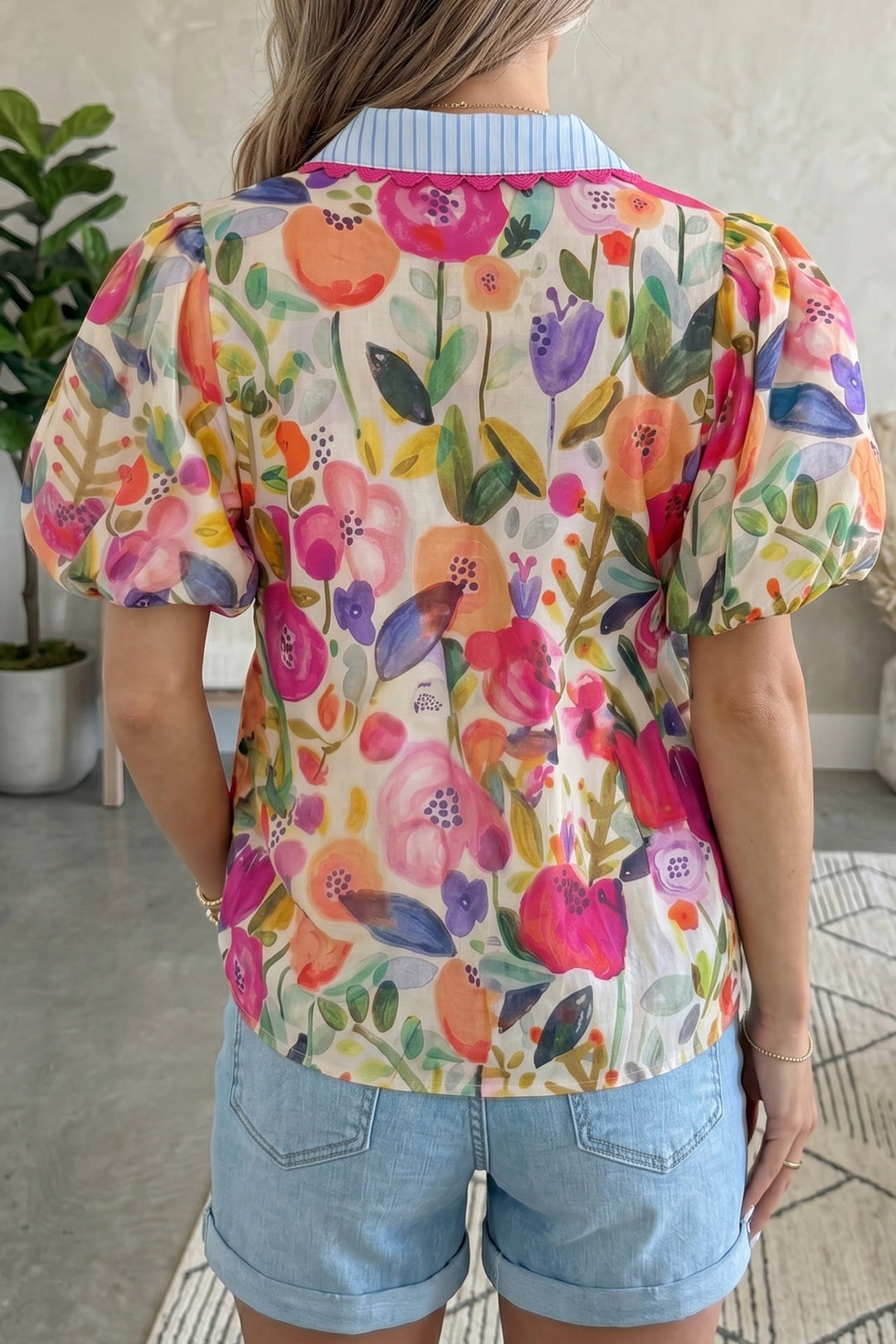 Rose Floral Print Short Puff Sleeve Cotton Blouse