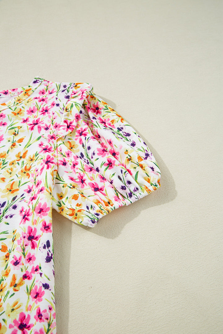 floral puff short sleeve crewneck blouse