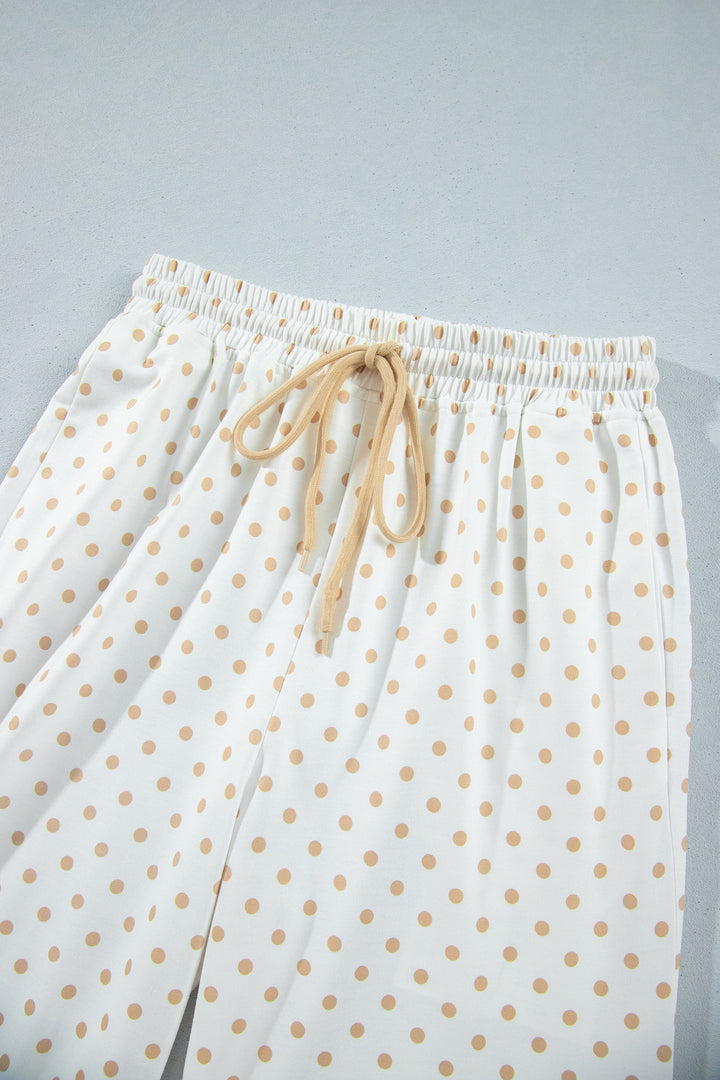 Khaki Polka Dot Patchwork Colorblock Long Sleeve Casual Two Piece Pants Set