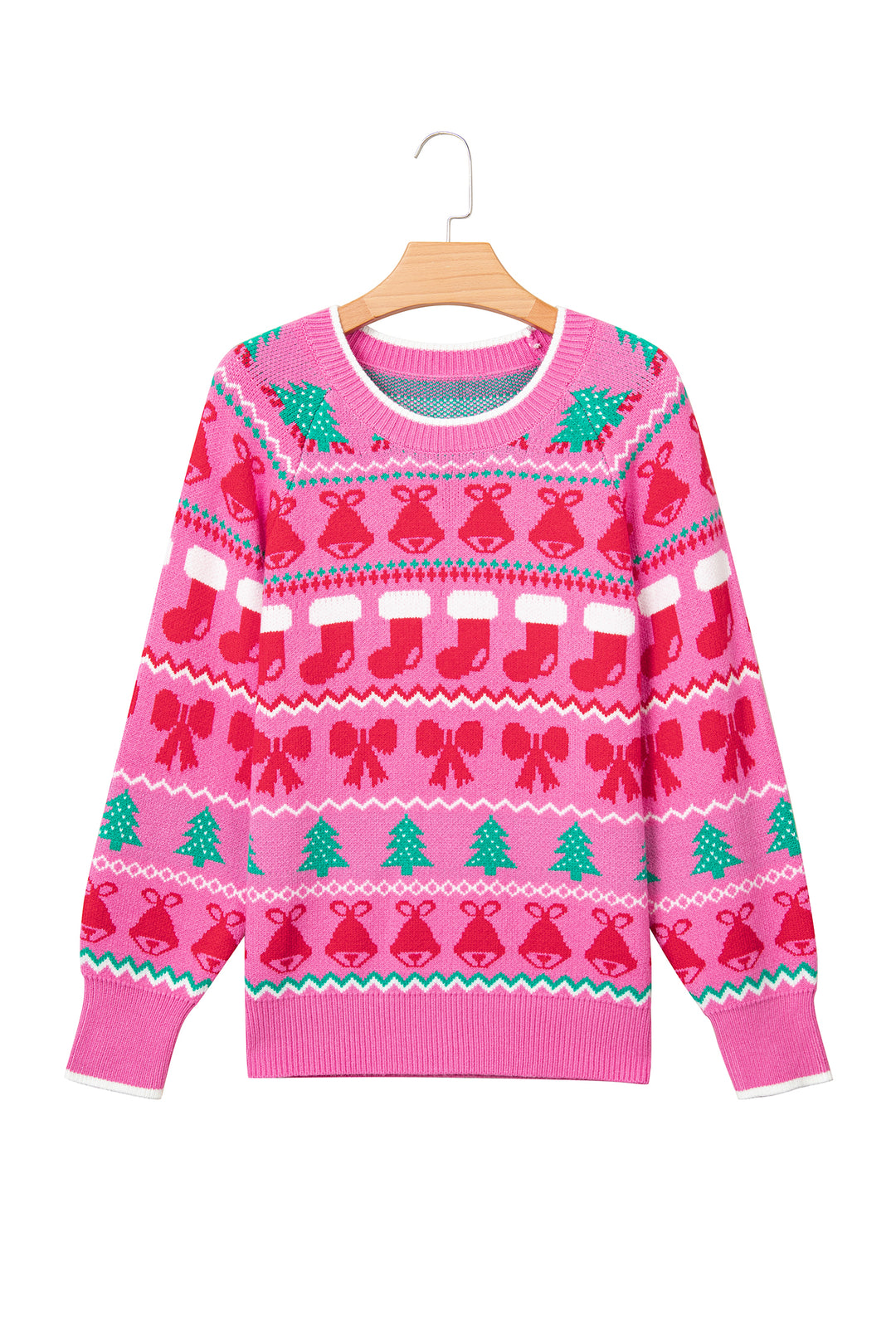 Pink Christmas Holiday Graphic Round Neck Knit Sweater