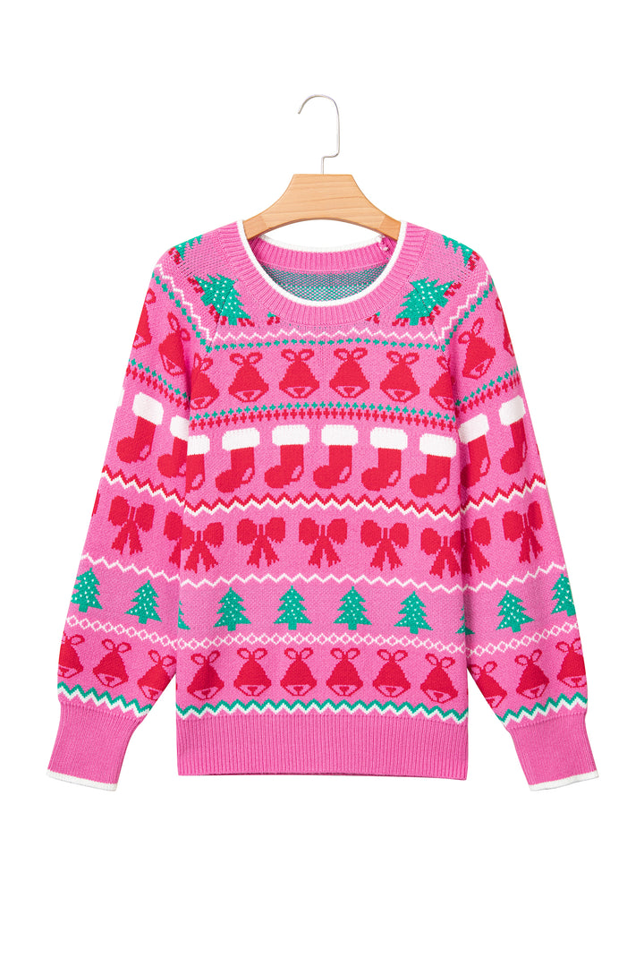 Pink Christmas Holiday Graphic Round Neck Knit Sweater
