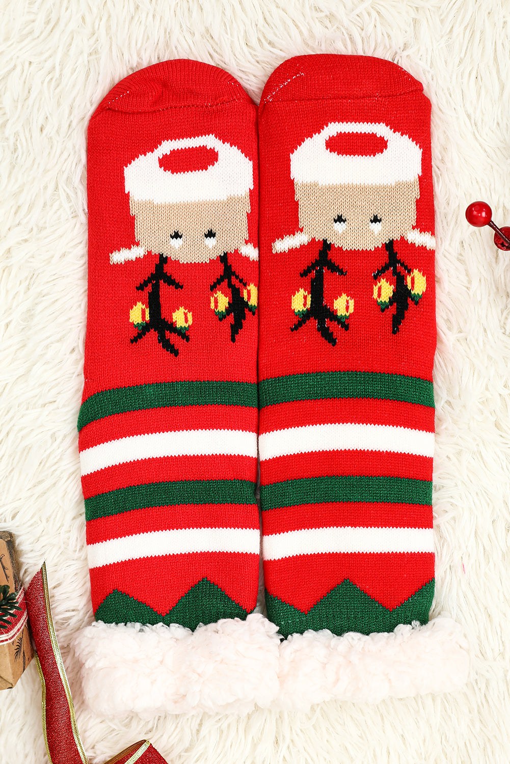 Wollstricksocken mit Weihnachts-Cartoon-Muster