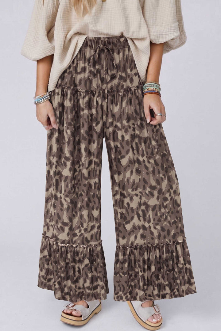 Brown Camo Print Wide Leg Casual Pants