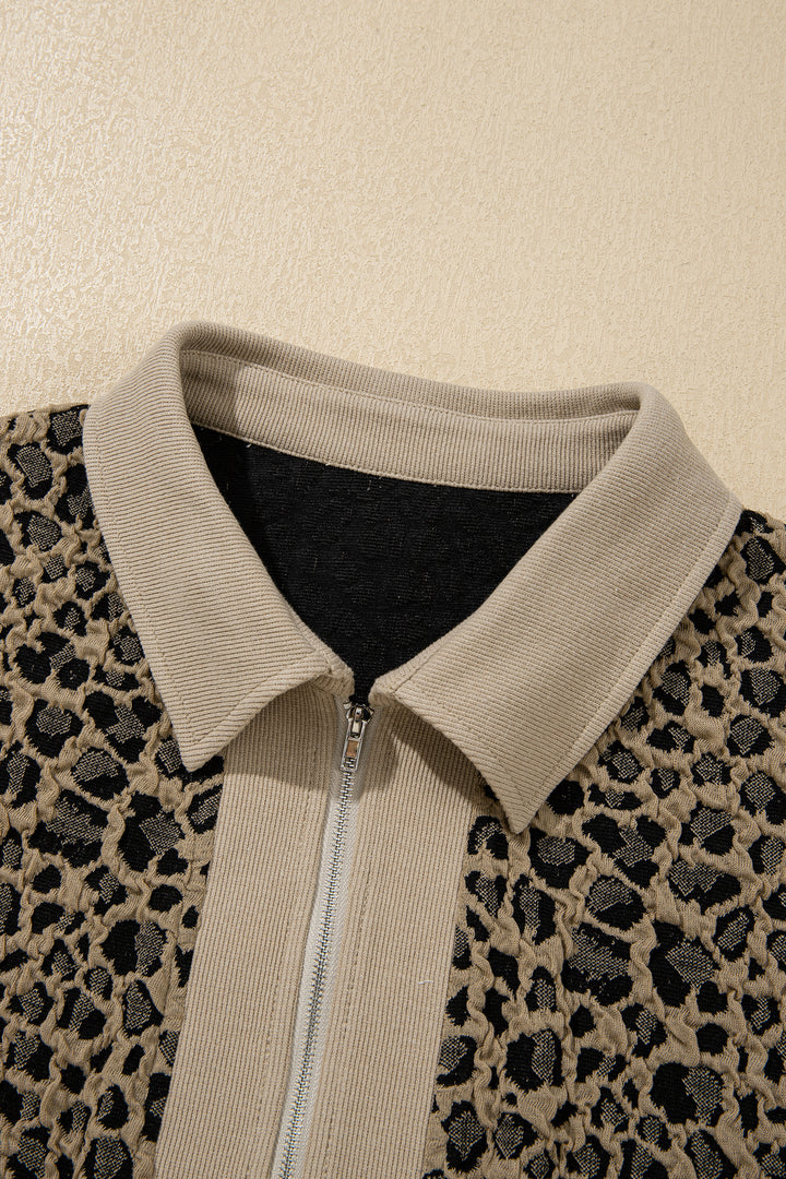 Beige Ribbed Patchwork Collar Cuffed Sleeve Leopard Plus Top