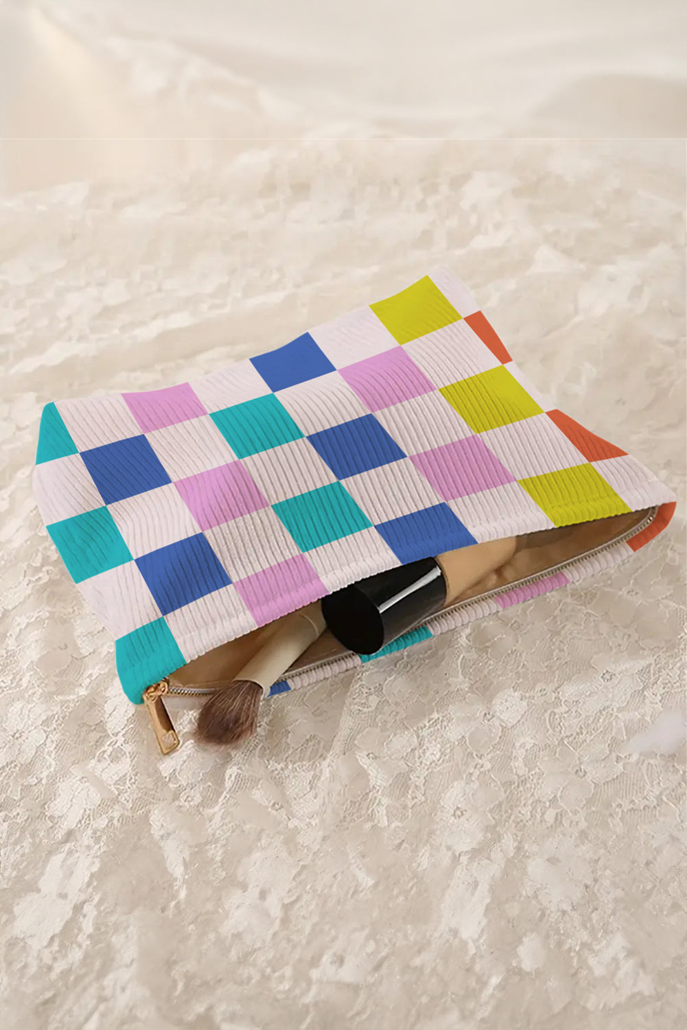 Color Block Checkered Zipper Corduroy Cosmetic Bag