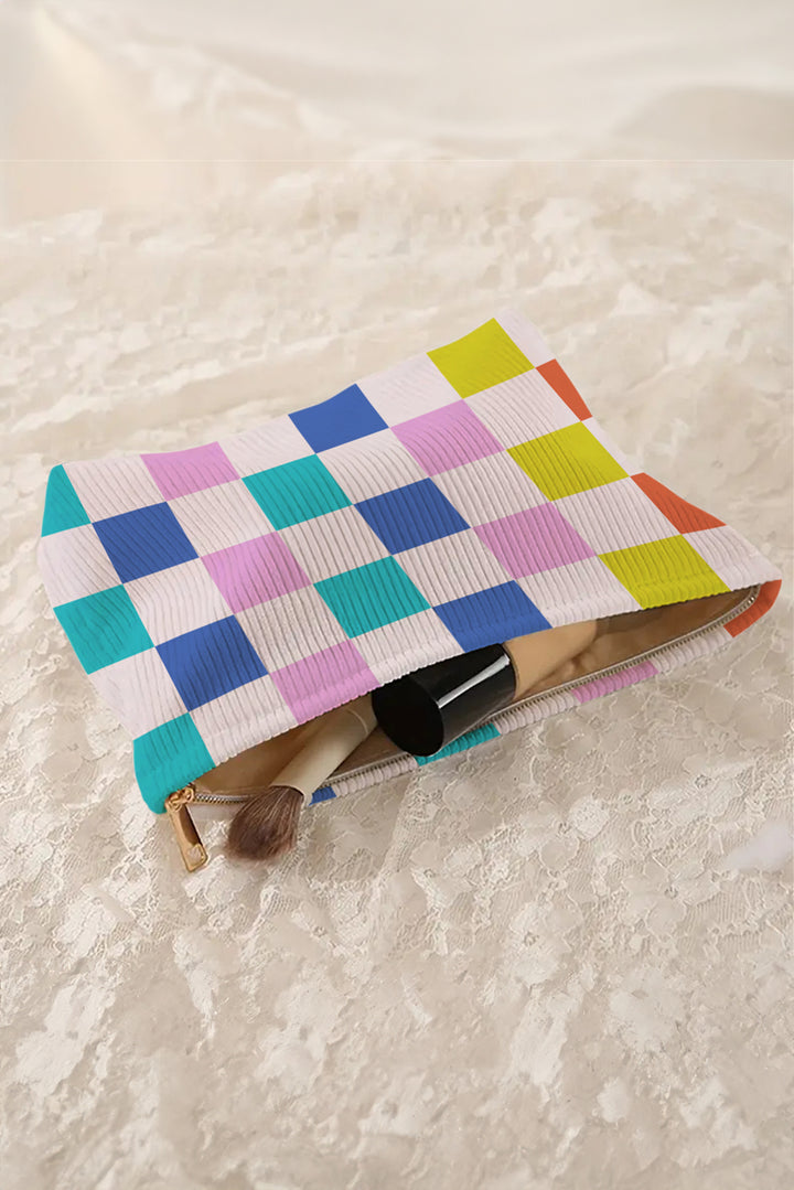 Color Block Checkered Zipper Corduroy Cosmetic Bag
