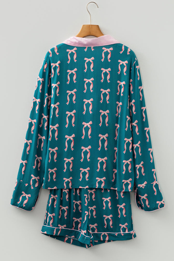 Green Ribbon Bow Print Silky Long Sleeve Shirt and Shorts 2pcs Pajama Set
