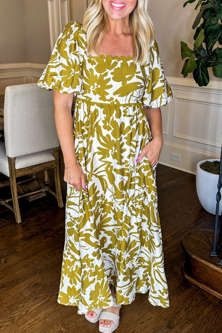 Scalloped Trim Square Neck High Waist Floral Maxi Dress