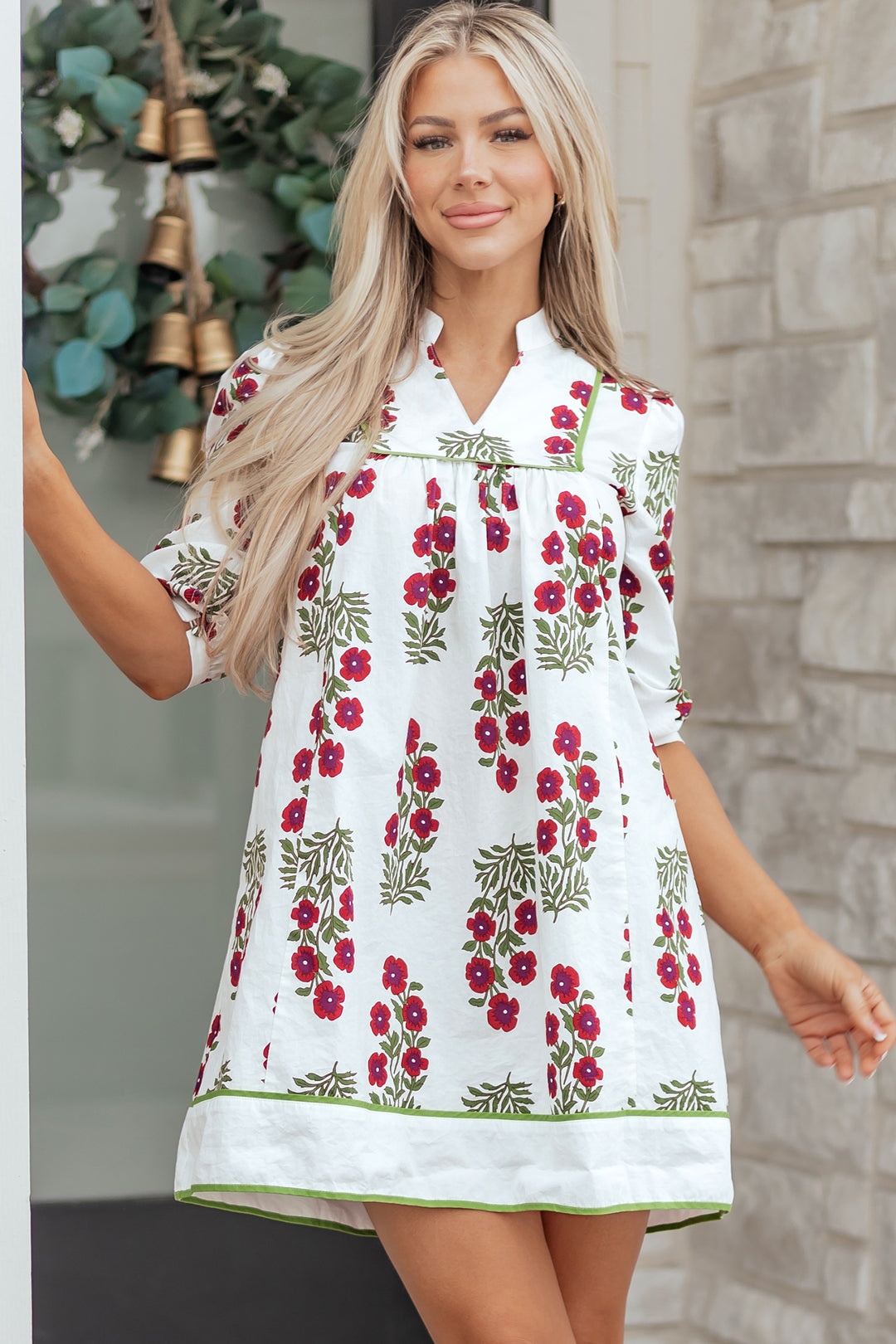 Frilled V Neck 3/4 Sleeve Loose Floral Dress