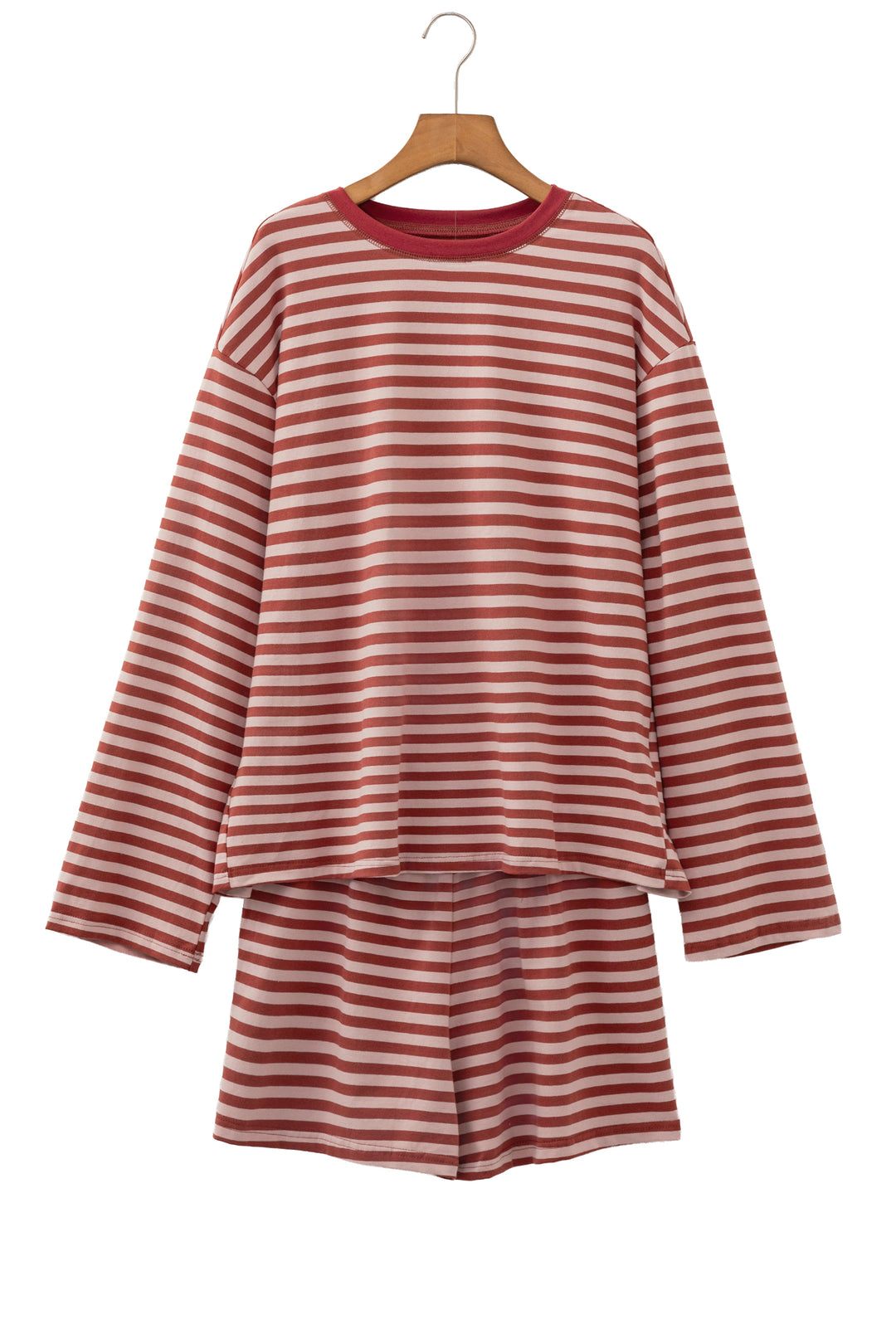 Brown Stripe Relaxed Long Sleeve Top Contrast Elastic Waistband Short Set