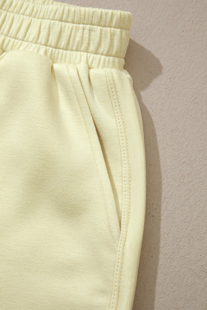 Yellow Cream Solid Color Exposed Seam Mock Neck Oversize Tee Casual Shorts 2pcs Outfit