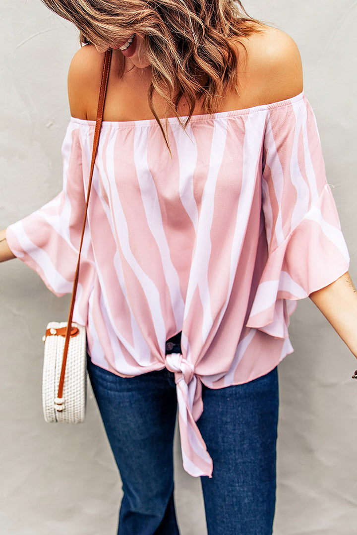 Off The Shoulder Pink White Vertical Stripes Blouse