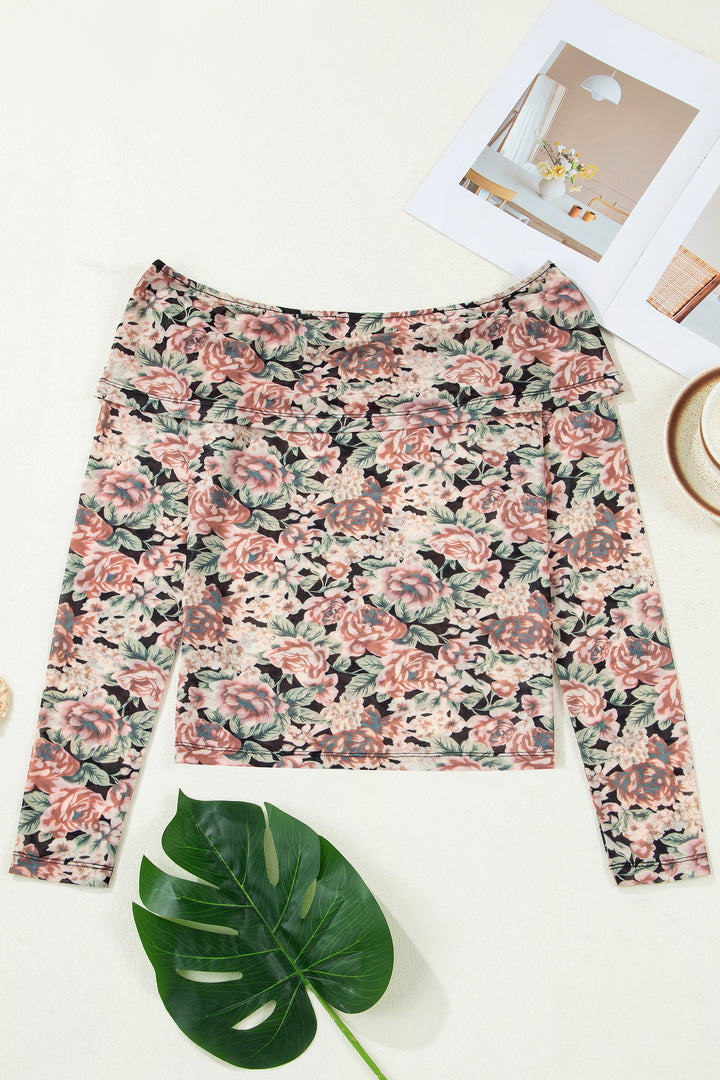 Floral Print Mesh Long Sleeve Foldover Off Shoulder Top