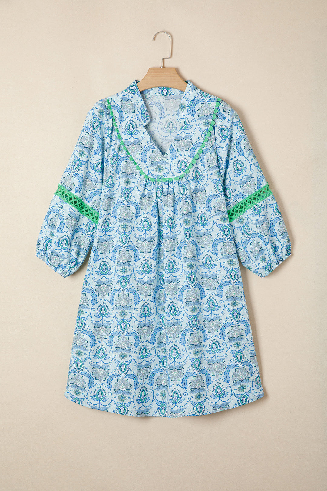 Sky Blue Boho Paisley Print Bracelet Sleeve Loose Mini Dress