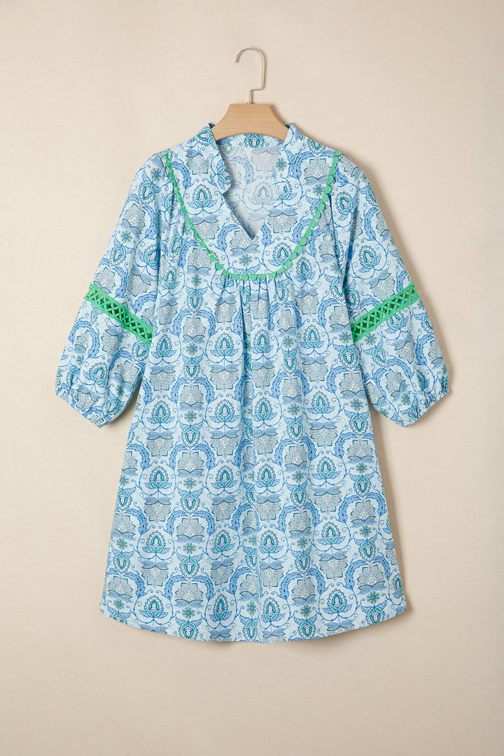 Sky Blue Boho Paisley Print Bracelet Sleeve Loose Mini Dress