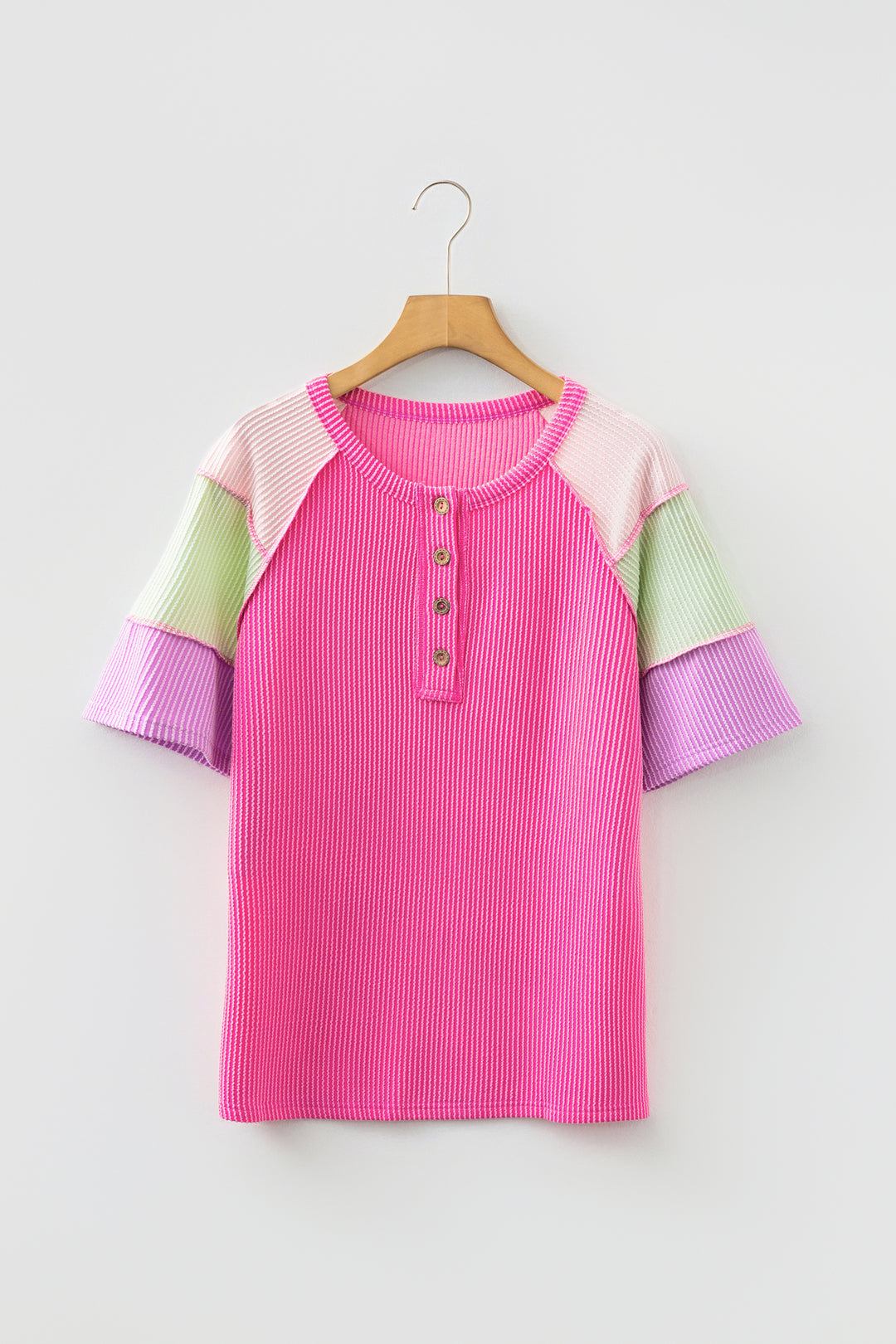 Twisted Ribbed Color Block Patchwork Henley Short Sleeve T Shirt