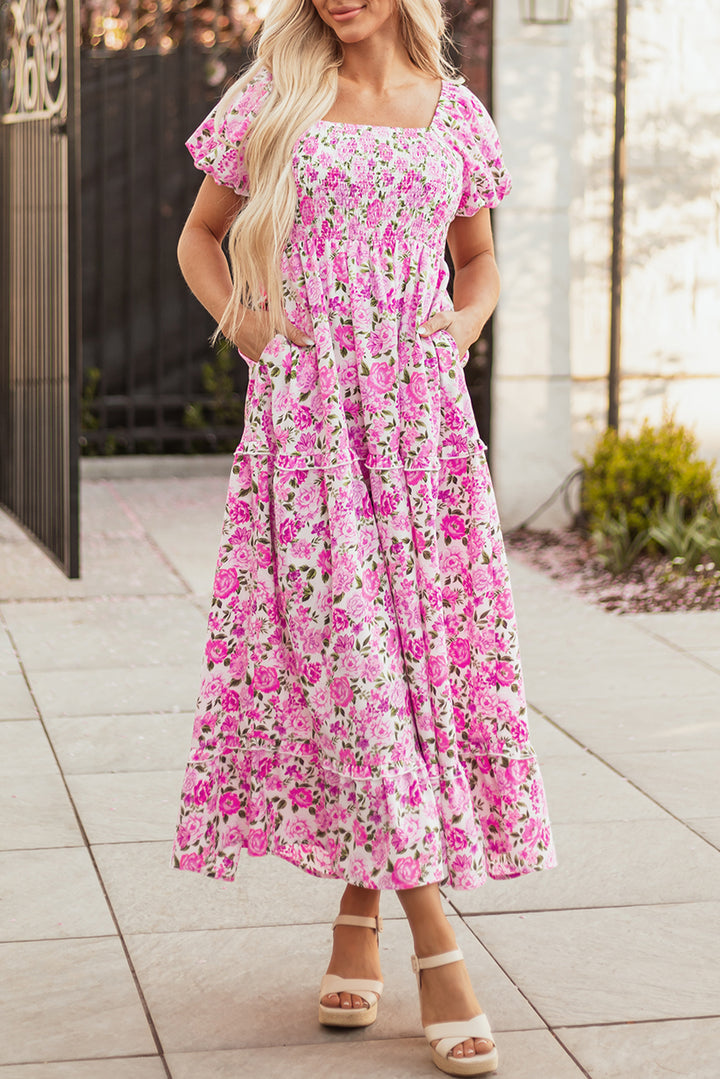 Dainty Floral Smocked Puff Sleeve Flowy Long Dress
