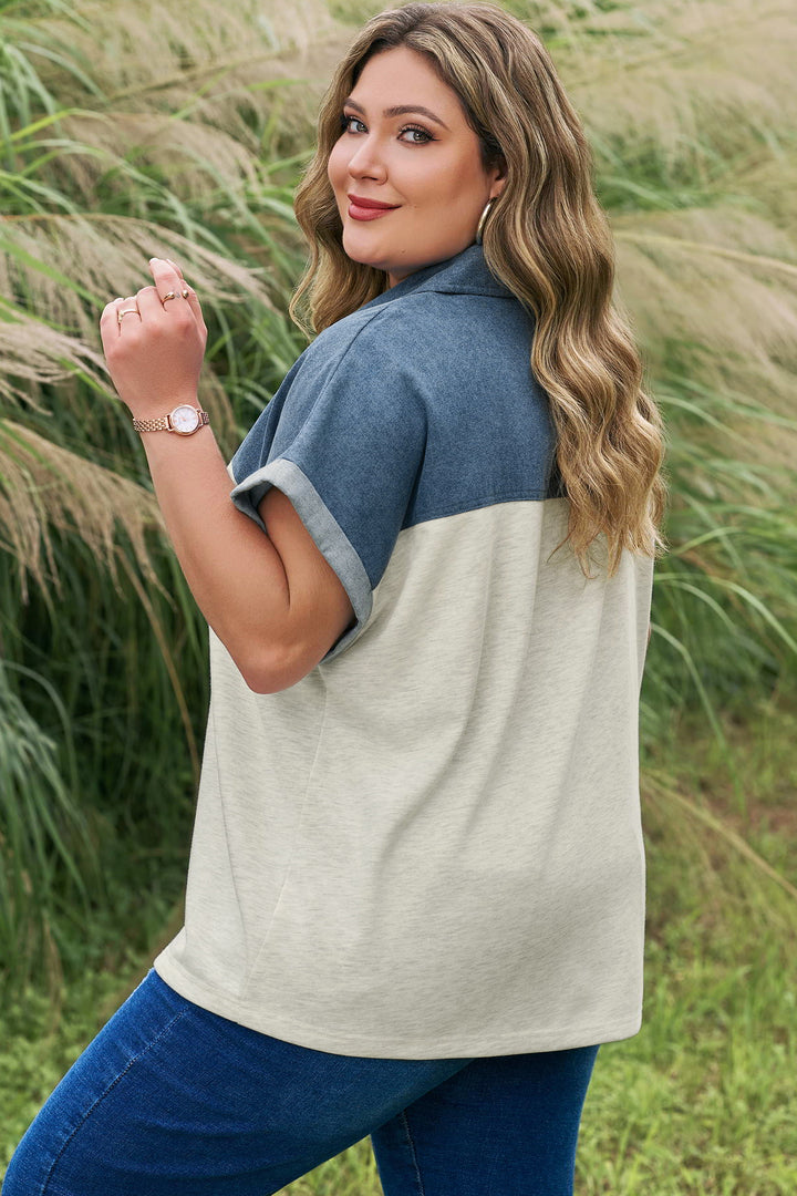 Light Grey Half Buttons Collared Denim Plus Short Sleeve Top