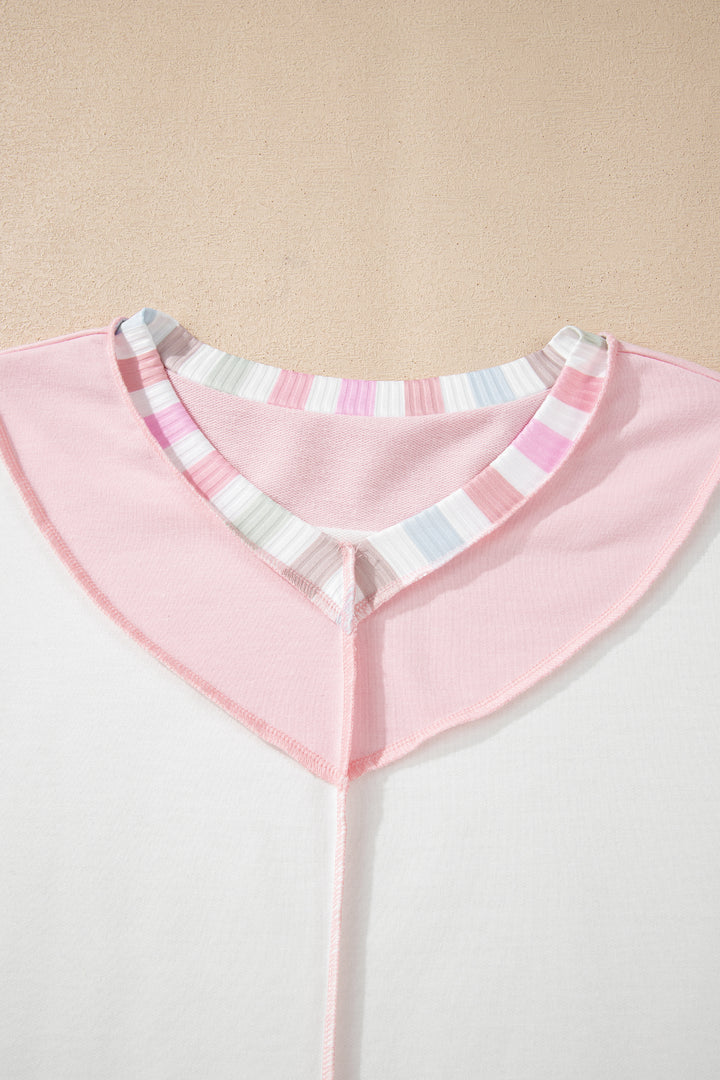 White Exposed Seam Rainbow Stripe Color Block V Neck Loose Long Sleeve Top
