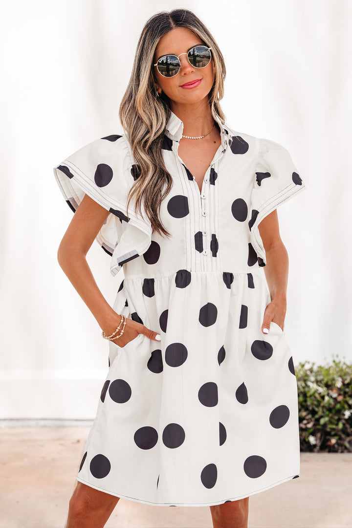 Polka Dot Print Half Button Ruffled Short Sleeve Loose Mini Dress