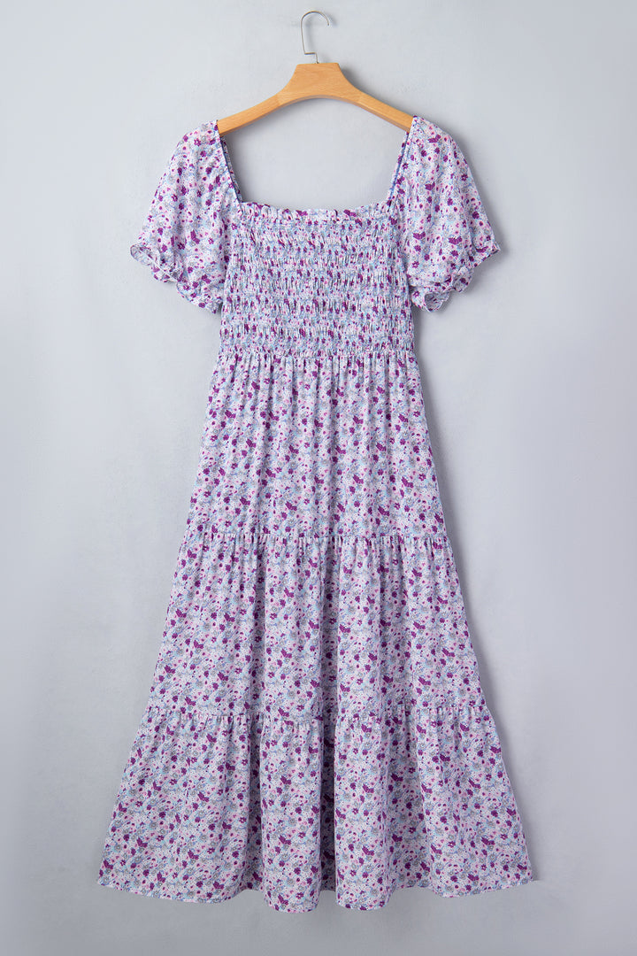 Purple Plus Size Floral Print Square Neck Smocked Maxi Dress