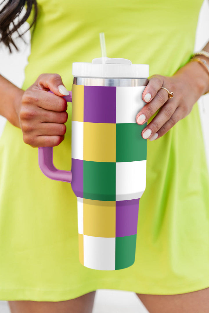 Mardi Gras Checkered Print Handle Large Tumbler 40oz