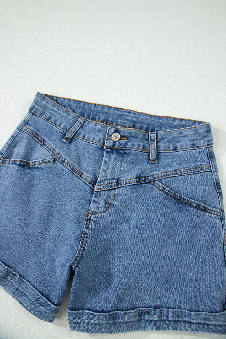Ivy Seam Detail Pocketed Cuffed Hem Denim Shorts