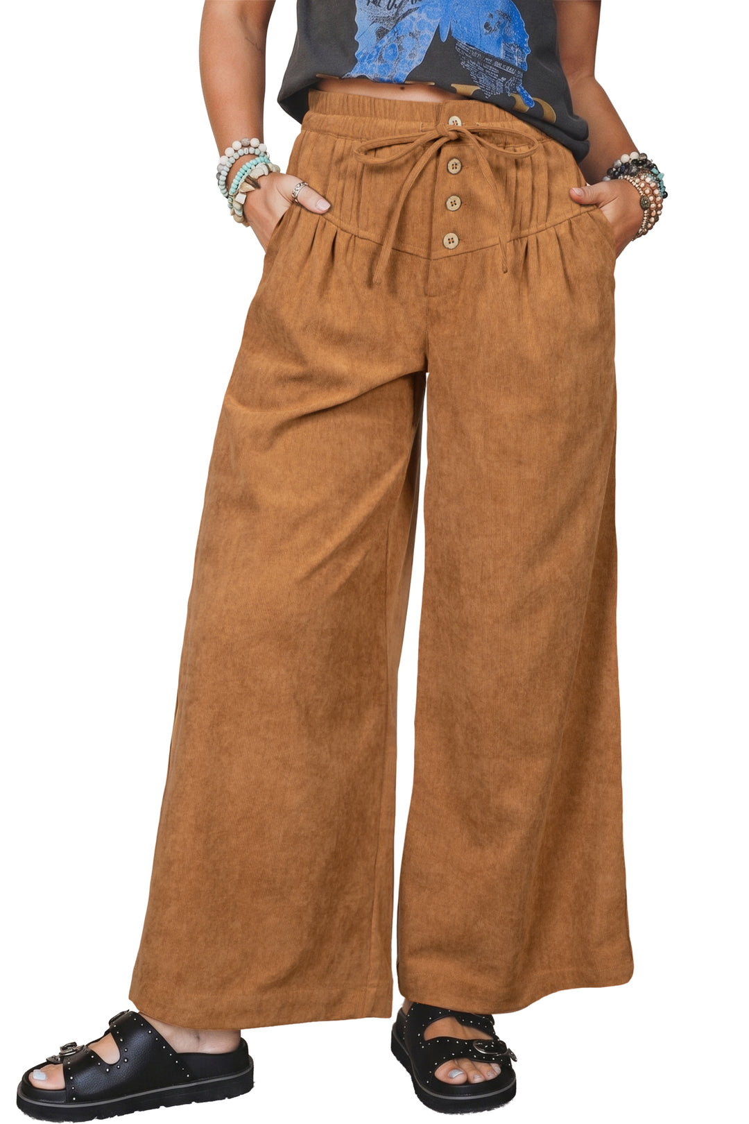Thai Curry Elastic Waist Wooden Button Placket Ankle Length Wide Leg Pants
