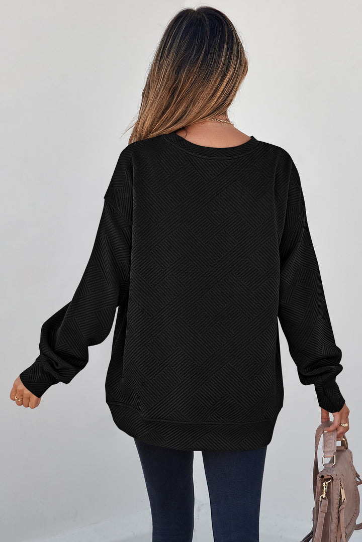 Black Solid Color Textured Round Neck Pullover Sweatshirt