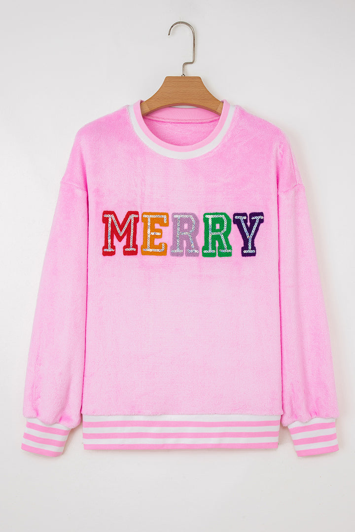 Sachet Pink Sequin Chenille MERRY Graphic Plush Pullover