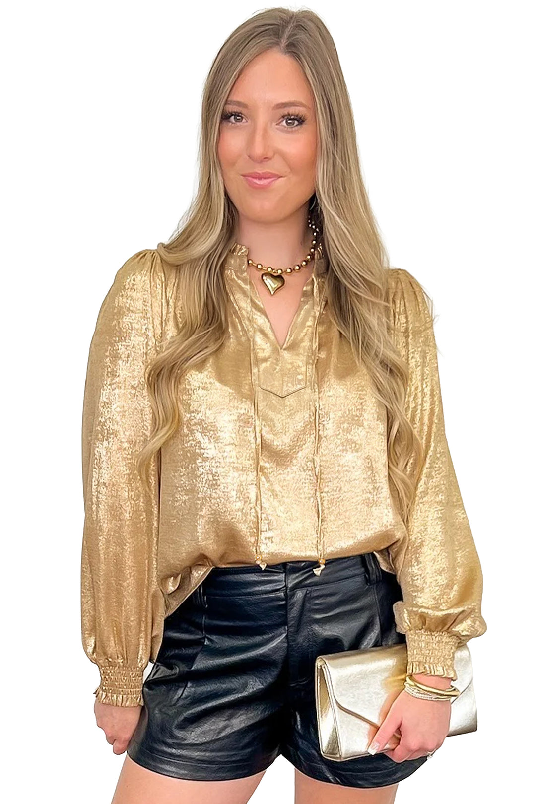Gold Metallic Sheen V Neck Gathered Cuff Long Sleeve Blouse